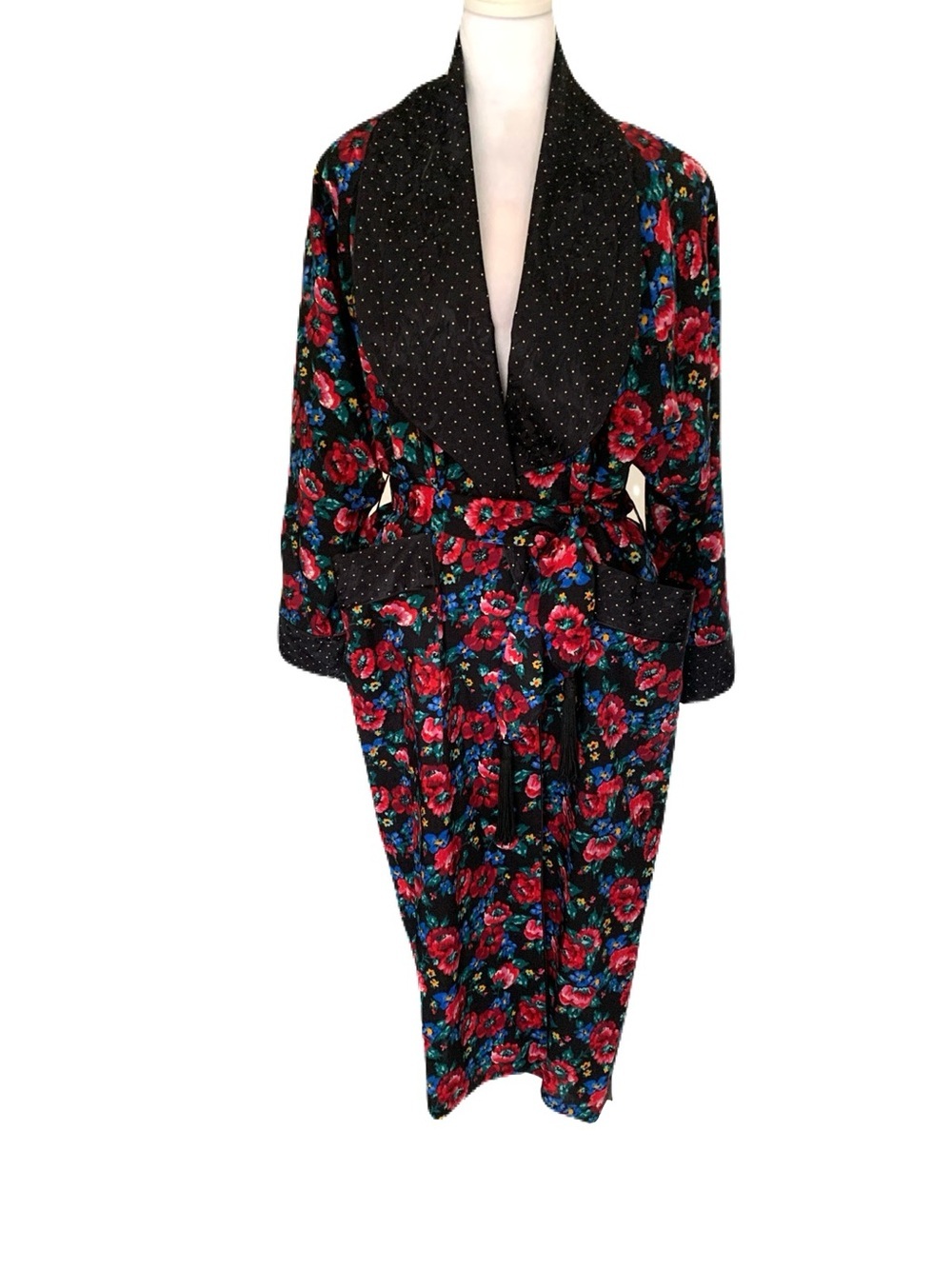 Vintage Women’s Adagio Colorful Floral Tassel Belt Wool Robe with Pockets Luxury